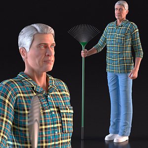 Grey-Haired Man in Plaid Shirt with Rake Rigged for Cinema 4D 3D model