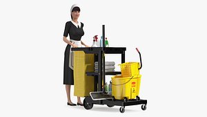 Housekeeping Maid With Multi Shelf Cleaning Cart Rigged Fur for Maya
