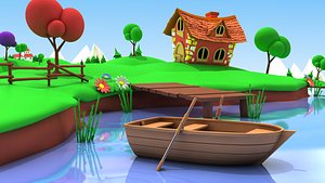 cartoon fishing pond 3d obj