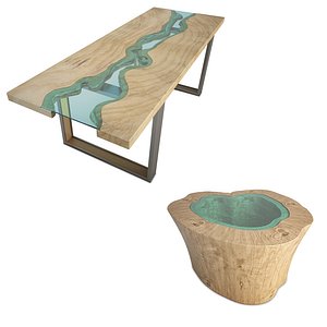 wooden tables river 3D model