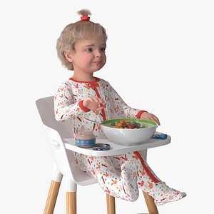 3D Toddler Girl Eating in High Chair Fur Rigged