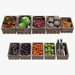 Fruit and Vegetable Assortment in Crates 3D model