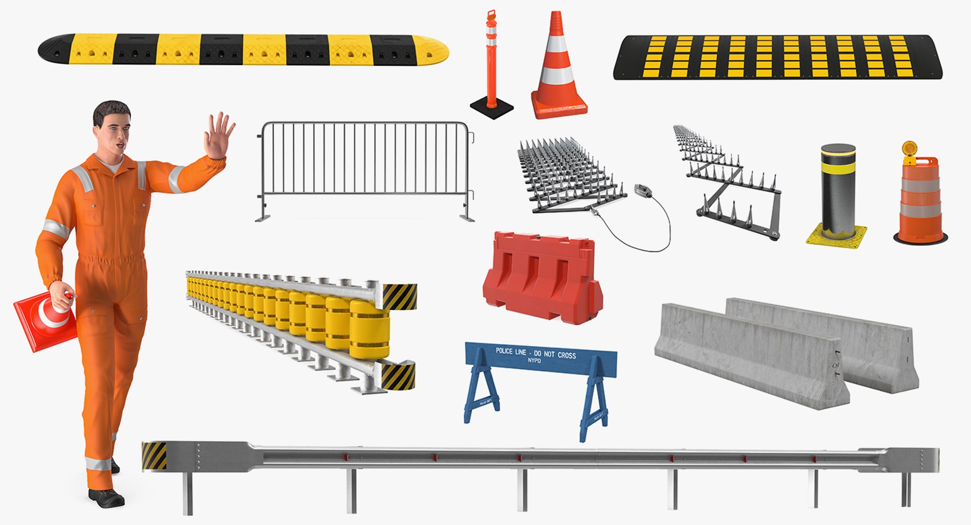 Road Worker with Road Barriers Collection Rigged for Cinema 4D 3D model preview