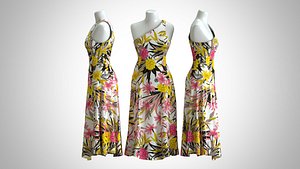 3D Woman Dress 2 Yellow Pink Floral model