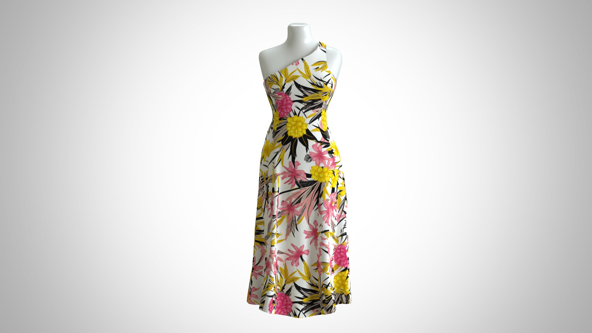 3D Woman Dress 2 Yellow Pink Floral Model - TurboSquid 2314471