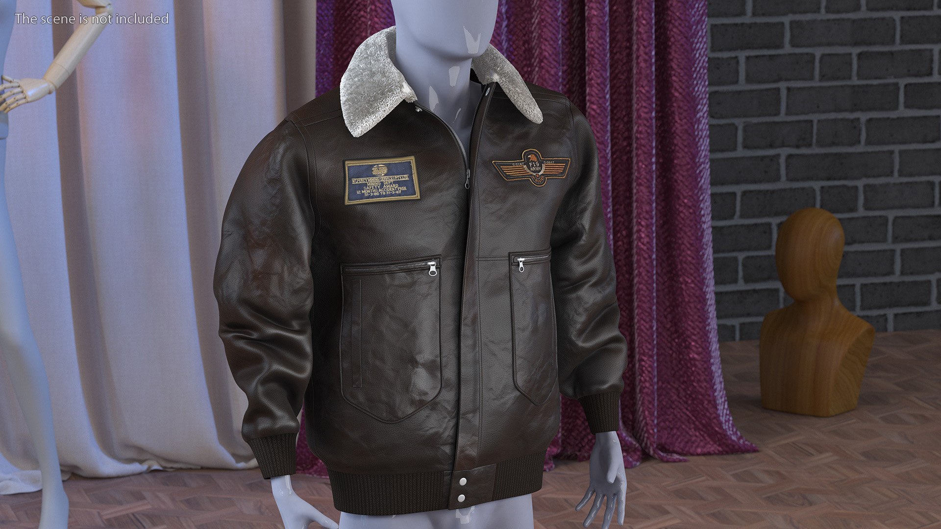 3D Brown Leather Bomber Jacket Fur model - TurboSquid 2086163