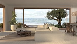 3D Modern living and kitchen open space with sea view model