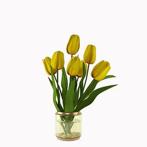 Yellow tulips in a glass vase 3D model