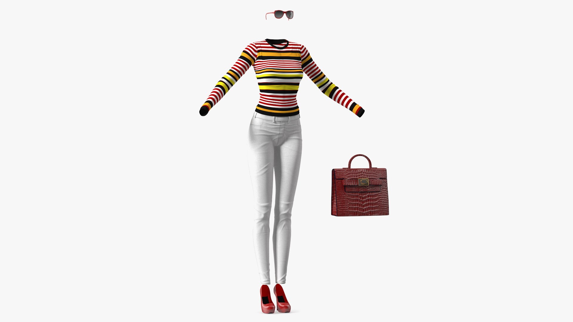 Fashionable White Jeans with Striped Sweater 3D model preview