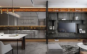 3D TM03-Contemporary  Luxury livingroom with dinning room Scene by 3dmax model