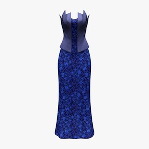 3D Navy Layered Neck Line Peplum Waistline Trumpet Skirt Gown Dress