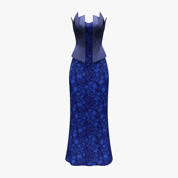 3D Navy Layered Neck Line Peplum Waistline Trumpet Skirt Gown Dress ...