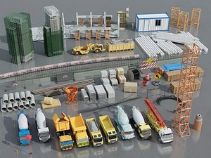 Modern Construction Site Assets Dormitory Building Materials Vehicles Scene 3D model