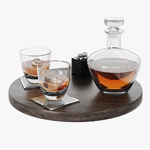 N13 Whiskey Decanter Set on Wooden Tray  Realistic Glassware  Accessories