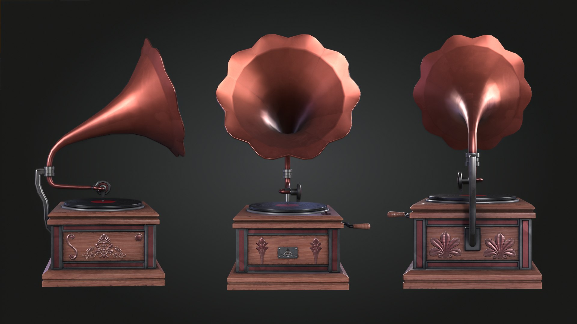 Gramophone model https://p.turbosquid.com/ts-thumb/TZ/nQcJ3E/my/img_9/jpg/1742415169/1920x1080/fit_q87/9cad3bb7d13754b7542fc955428f5105b4aab12d/img_9.jpg