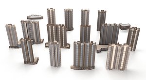 Modern Urban High-Rise Residential Complex Mid Poly PBR 3D Model Collection