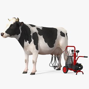 Dairy Cow with Milking Machine Fur 3D