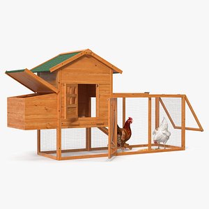 Wooden Small Chicken Coop with Chickens Rigged for Modo 3D