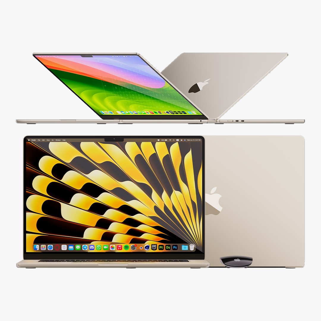 3D Apple MacBook Air 15 Inch Starlight 2023 With Magic Mouse