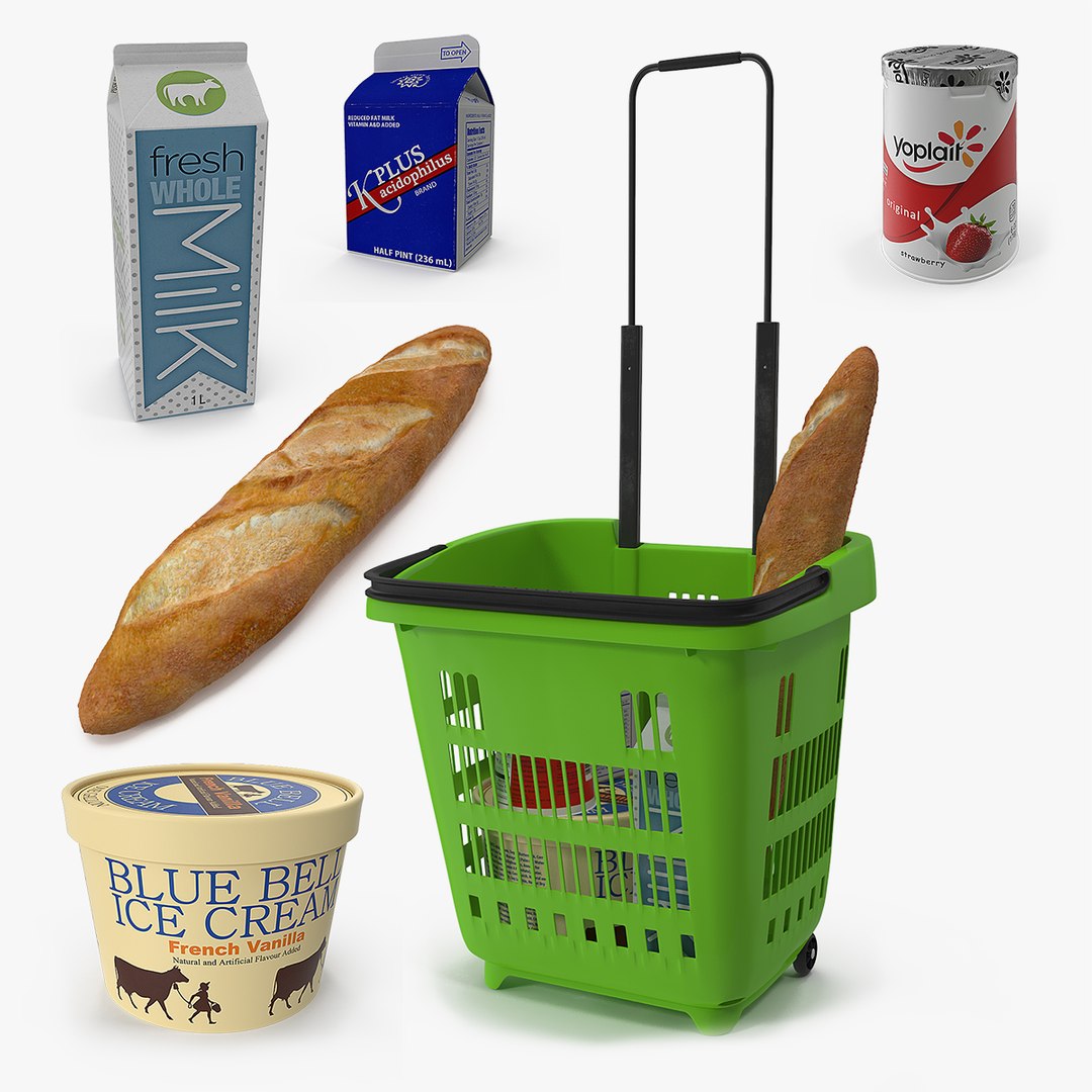 Plastic Roll Shopping Basket with Goods 3D Model 3D model preview