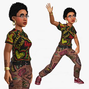 Cartoon 3D Rigged African Cute Afro Hair Girl Character 3D Model model