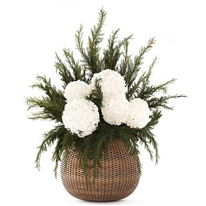 Realistic Flower Bouquet Juniper Branches Hydrangea vase 3D model