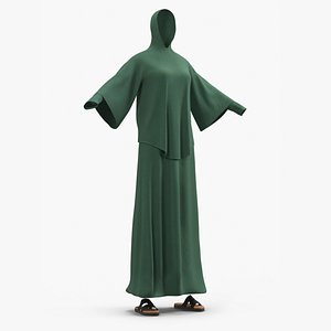 3D Hooded Eastern Abaya with Wide Sleeves Green model
