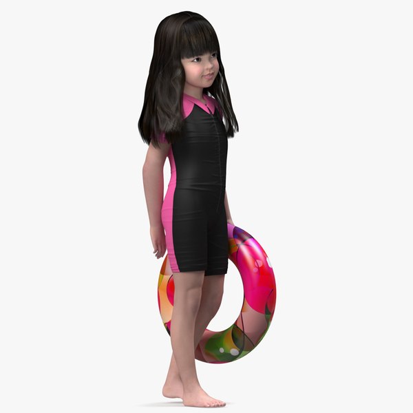 3D Asian Girl in Beach Suit with Inflatable Circle Rigged for Modo model