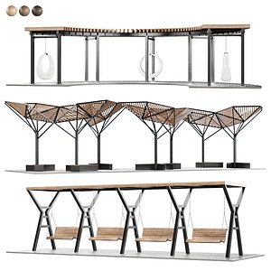 3D Set of pergolas gazebos canopies with swings benches