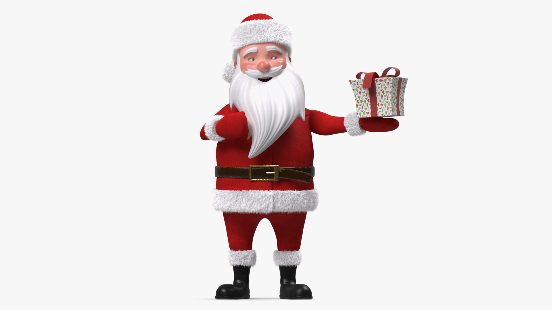 Smiling Santa Claus Cartoon Character with Gift Fur 3D model preview