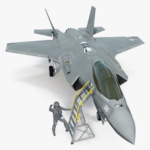 Fighter Jet F-35 with Pilot and Ladder