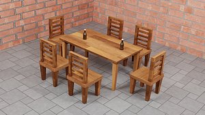 Low poly Wooden Dining Table Set with Dining Chair 3D model