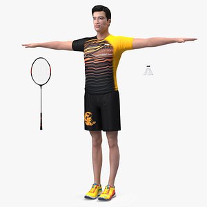 3D Asian Man with Badminton Racket T Pose