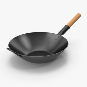 Wok with Wooden Handle 3D