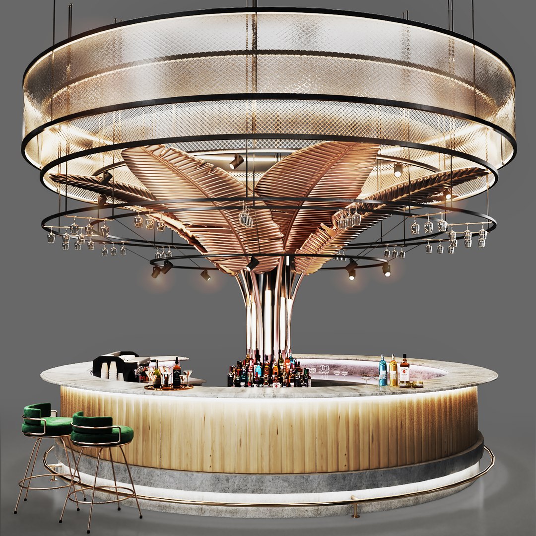 Restaurant 3d model. Ресторанный круглый стол с барменом. Round cafe