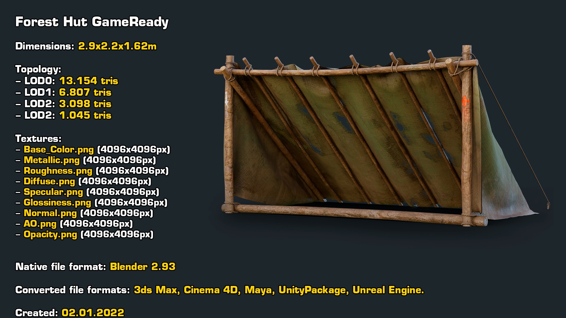 Forest Hut GameReady LODs model https://p.turbosquid.com/ts-thumb/Tt/dbczs8/Qz/stats/png/1641143627/1920x1080/fit_q87/e82b99a2df8bfcd64157588086dcb820f445f8f1/stats.jpg