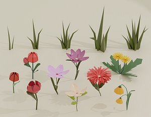 Low Poly Cartoon Flowers Grass Plants Pack 3D