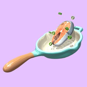 3D Salmon Steak in frying pan model