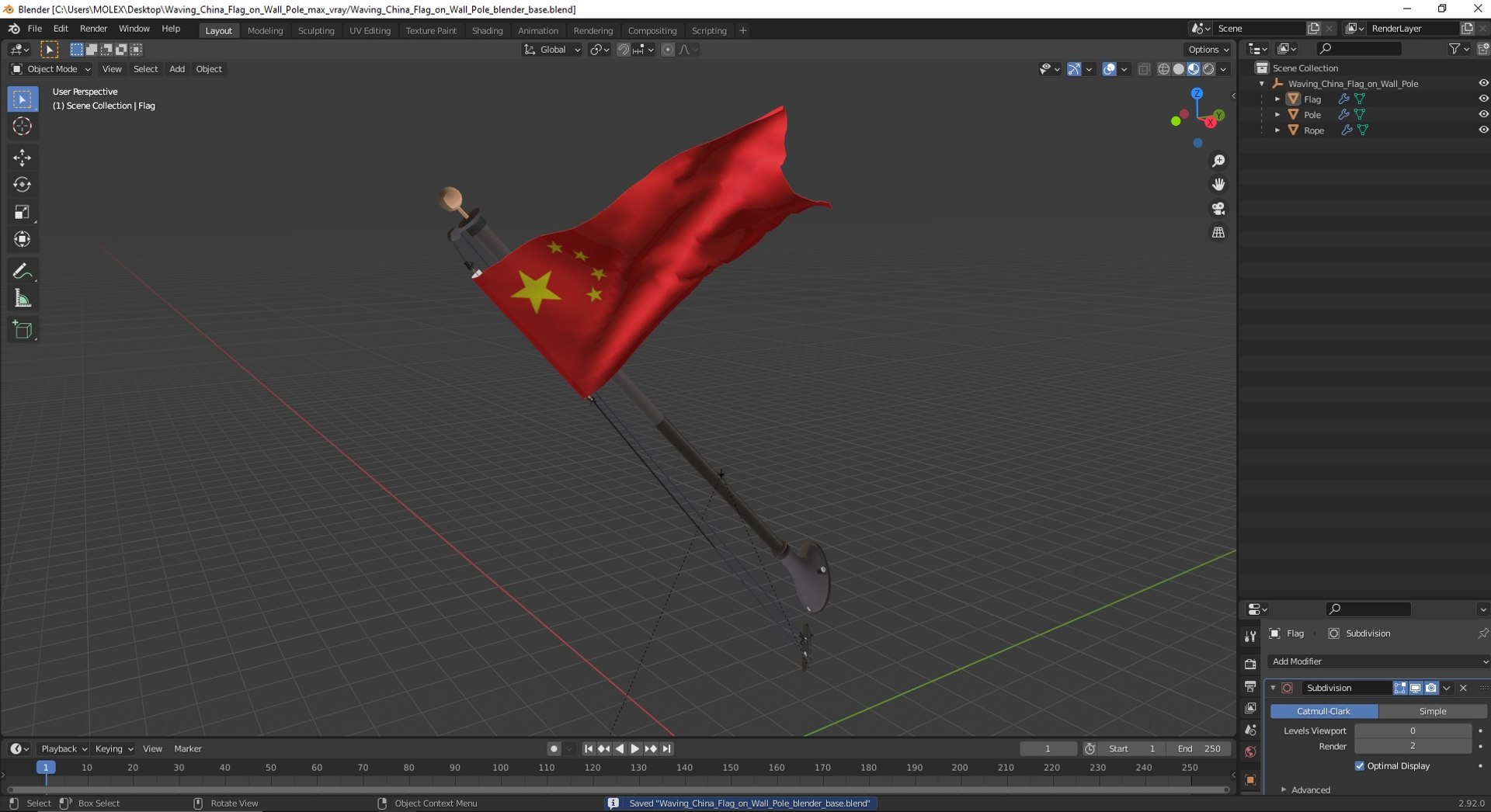 Waving China Flag on Wall Pole 3D model preview
