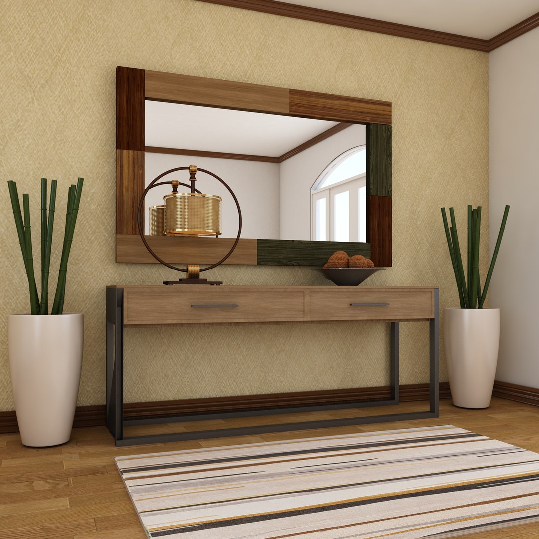 3D Model Living Room Wood Mirror Table Set - TurboSquid 1789637
