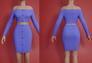 Sexy Off Shoulder Two Piece Set- Button Knitted Bodycon Long Sleeve CropTop And mini Skirt Spring / Summer Sets
