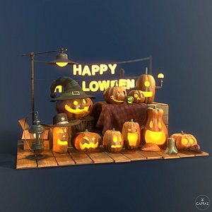 3D happy halloween pumpkins scene