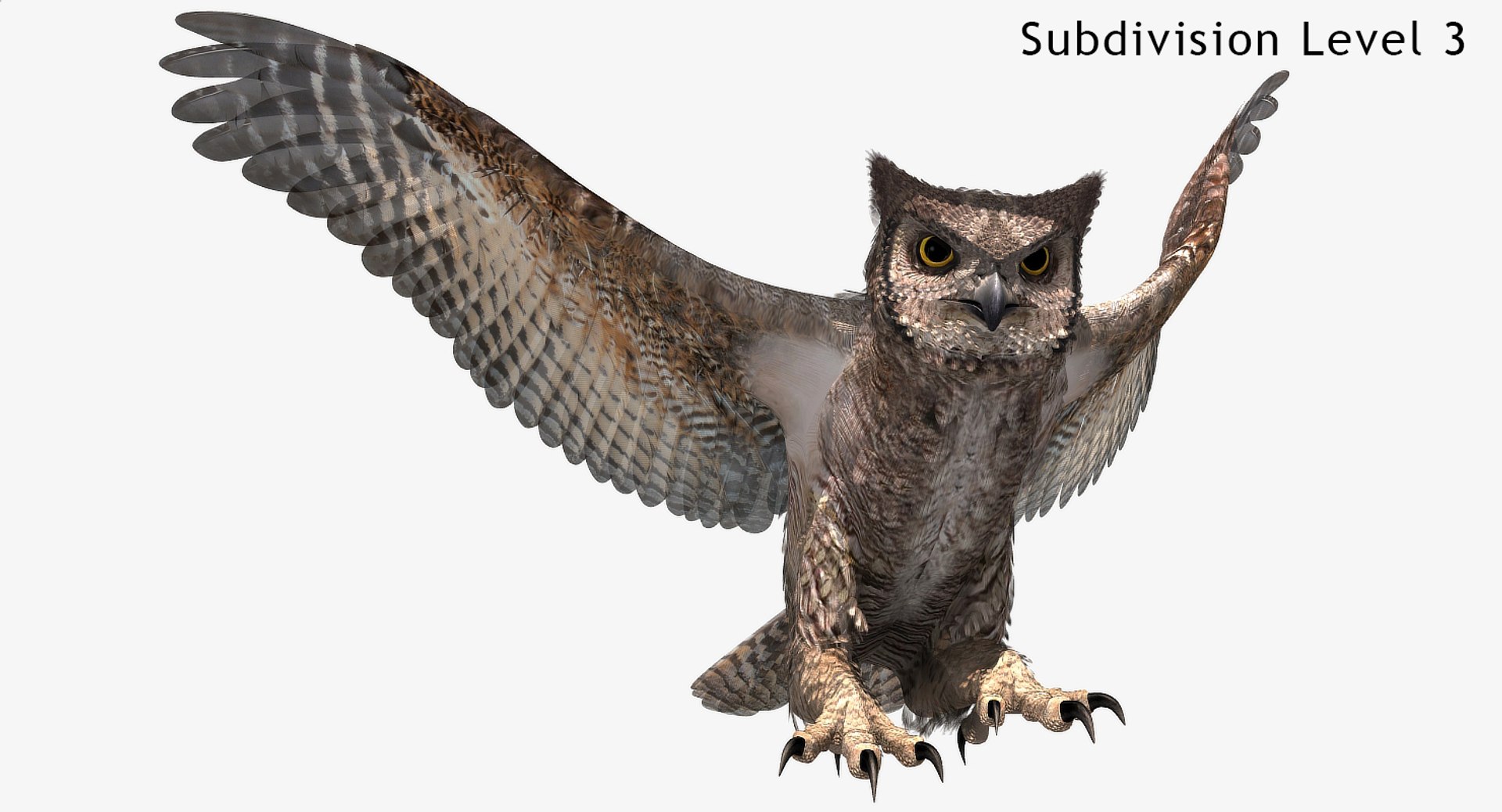 great horned owl 3D model https://p.turbosquid.com/ts-thumb/U4/3jLj1f/TdNPNlmh/ghosingles1480x800_02a/jpg/1516495999/1920x1080/fit_q87/642da62f80261ae0255fec5b2a0de83a7657496e/ghosingles1480x800_02a.jpg