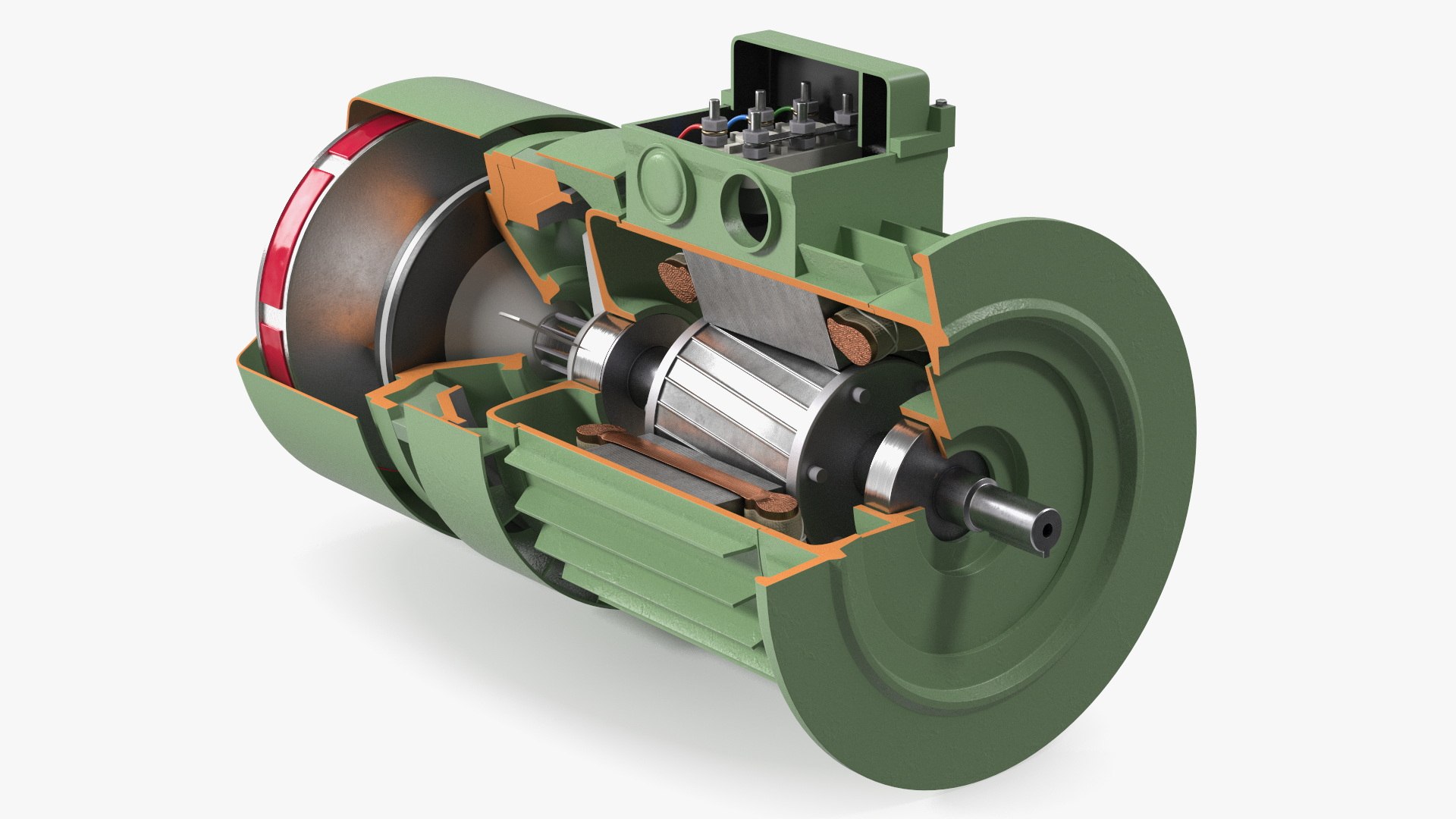 Electric Motor Cutaway Green 3D model for industrial visualization, technical presentation, simulation, product rendering, and animation