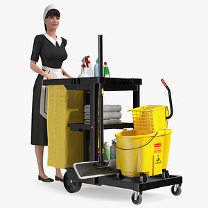 Housekeeping Maid With Multi Shelf Cleaning Cart Rigged Fur 3D model