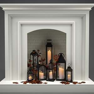Fireplace with candles and leaves