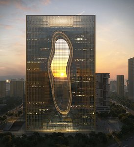 Futuristic Landmark Office Tower Exterior with Sunset Atrium