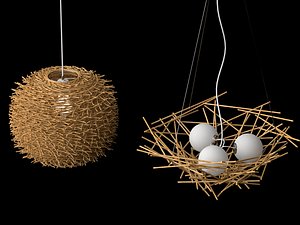 Wicker Rattan Pendant Lamp Set 3D