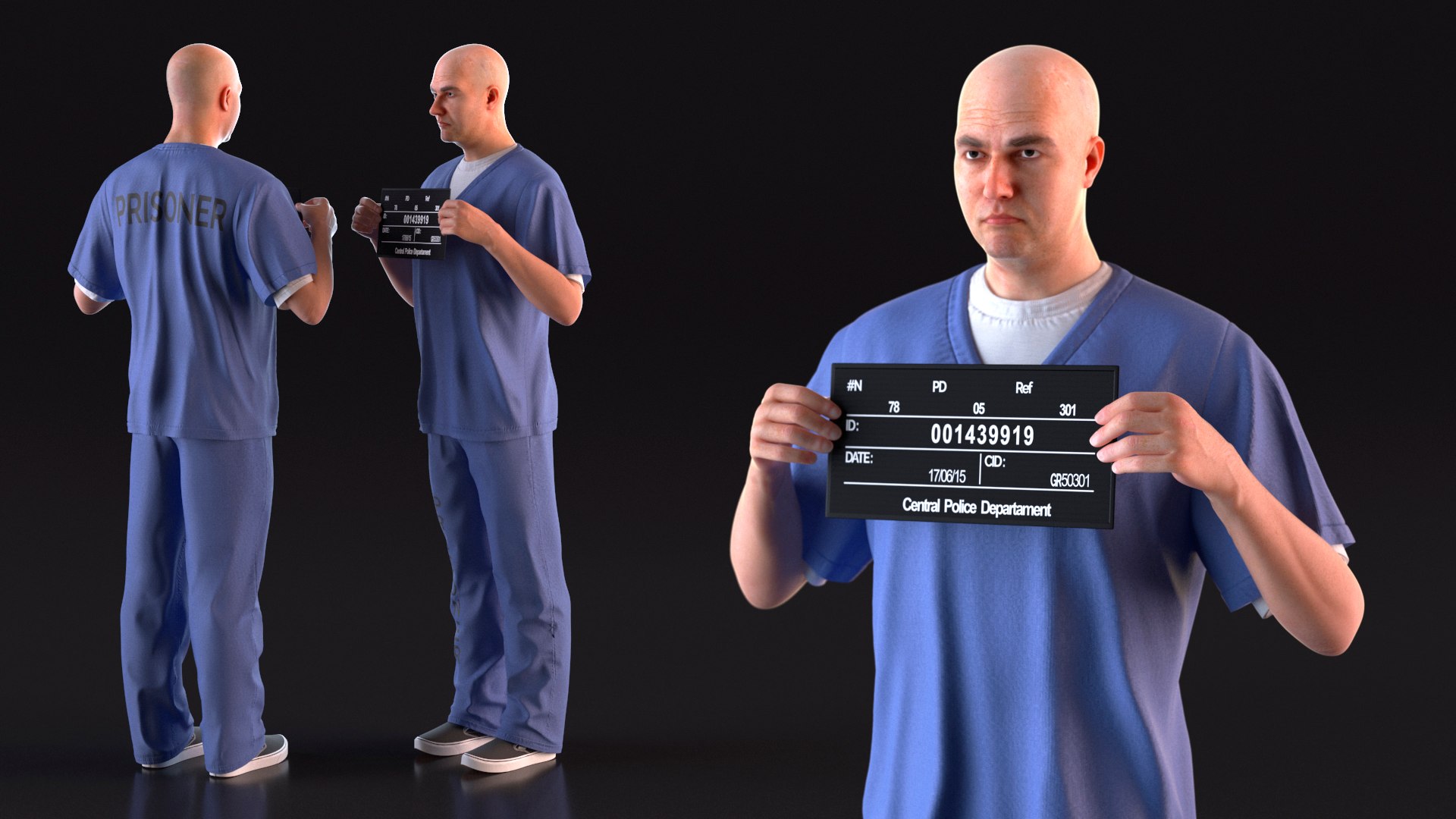 Prisoner In Blue Uniform With Mugshot Sign 3D - TurboSquid 2385078