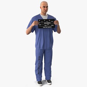 Prisoner in Blue Uniform with Mugshot Sign 3D